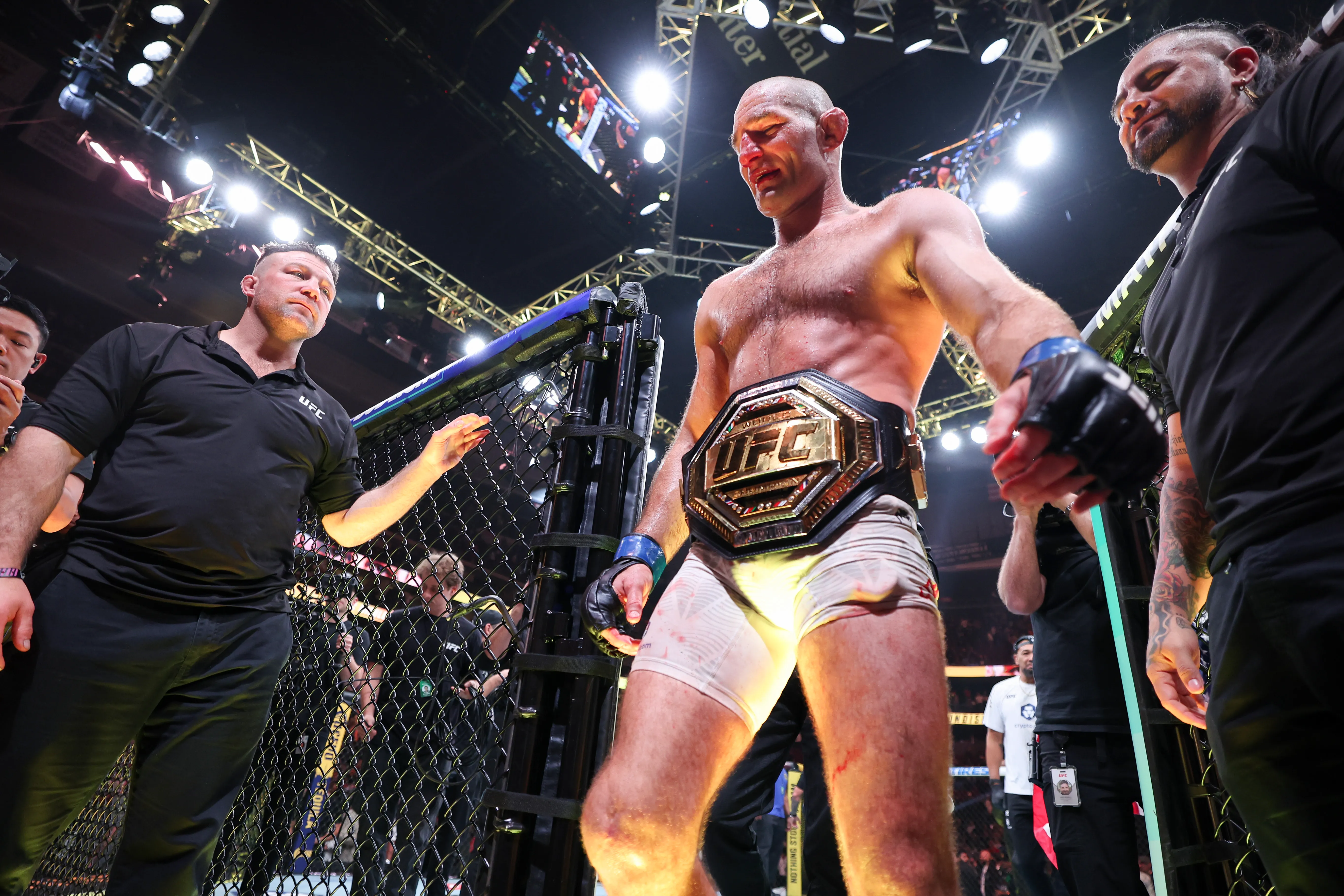 NEWARK, NEW JERSEY – MAY 09: Sean Strickland of the United States exits the ring after his victory via split decision over Khamzat Chimaev of the United Arab Emirates ,not pictured, in a middleweight title bout during UFC 328 at the Prudential Center on May 09, 2026 in Newark, New Jersey. (Photo by Ishika Samant/Getty Images)
