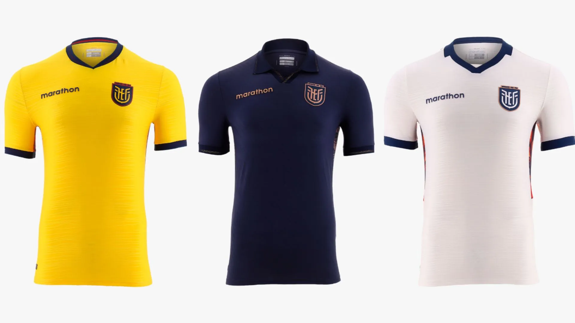 Las camisetas de Ecuador para el Mundial 2026: a la izquierda la titular, al centro la de visita y a la derecha la alternativa.