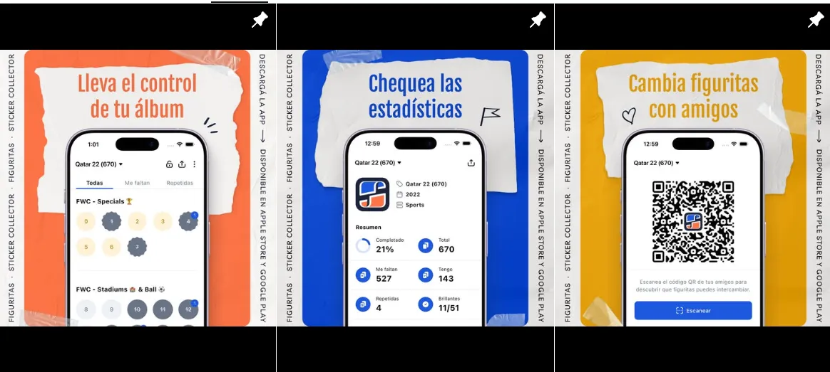 Imágenes de la app Figuritas, aplicación que permite ordenar tu colección del Álbum Mundial Panini 2026.
