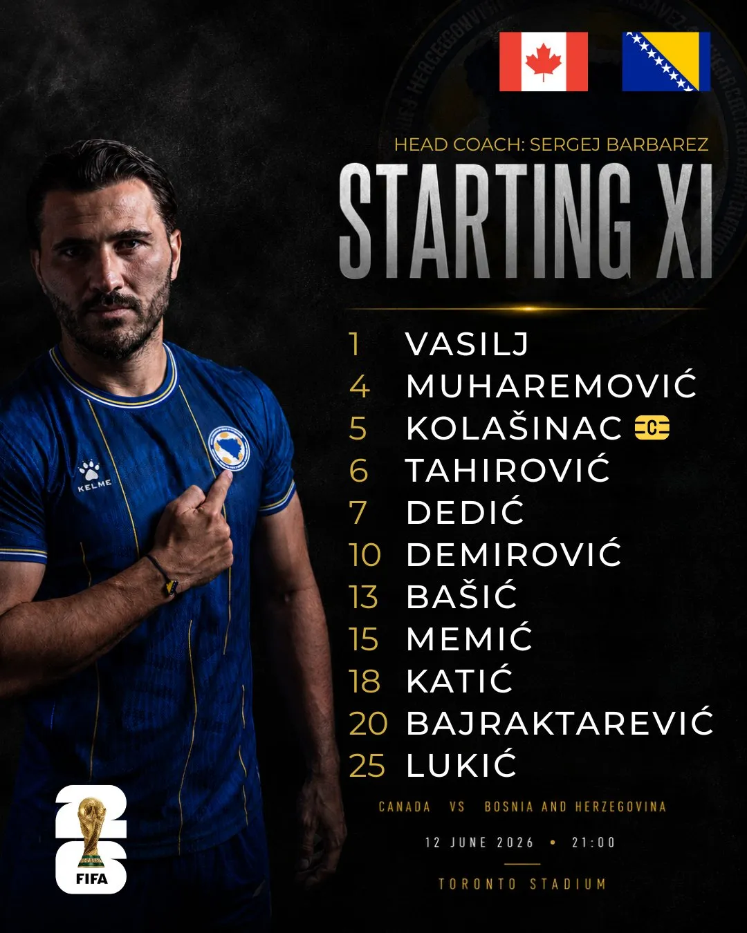 La formación de Bosnia y Herzegovina vs. Canadá. (Foto: @NFSBiH)