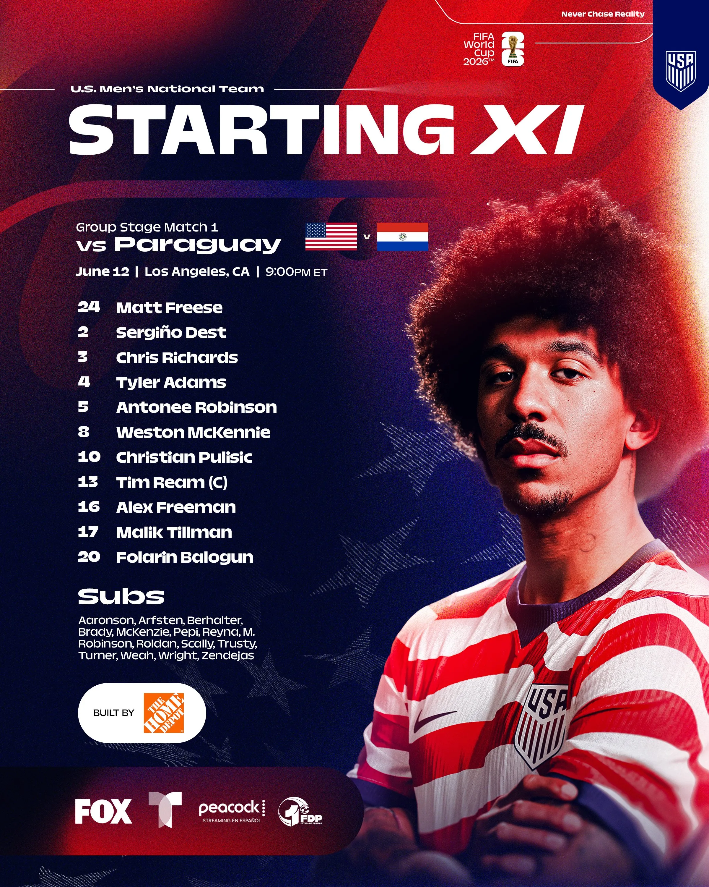 La formación de Estados Unidos vs. Paraguay. (Foto: @USMNT)