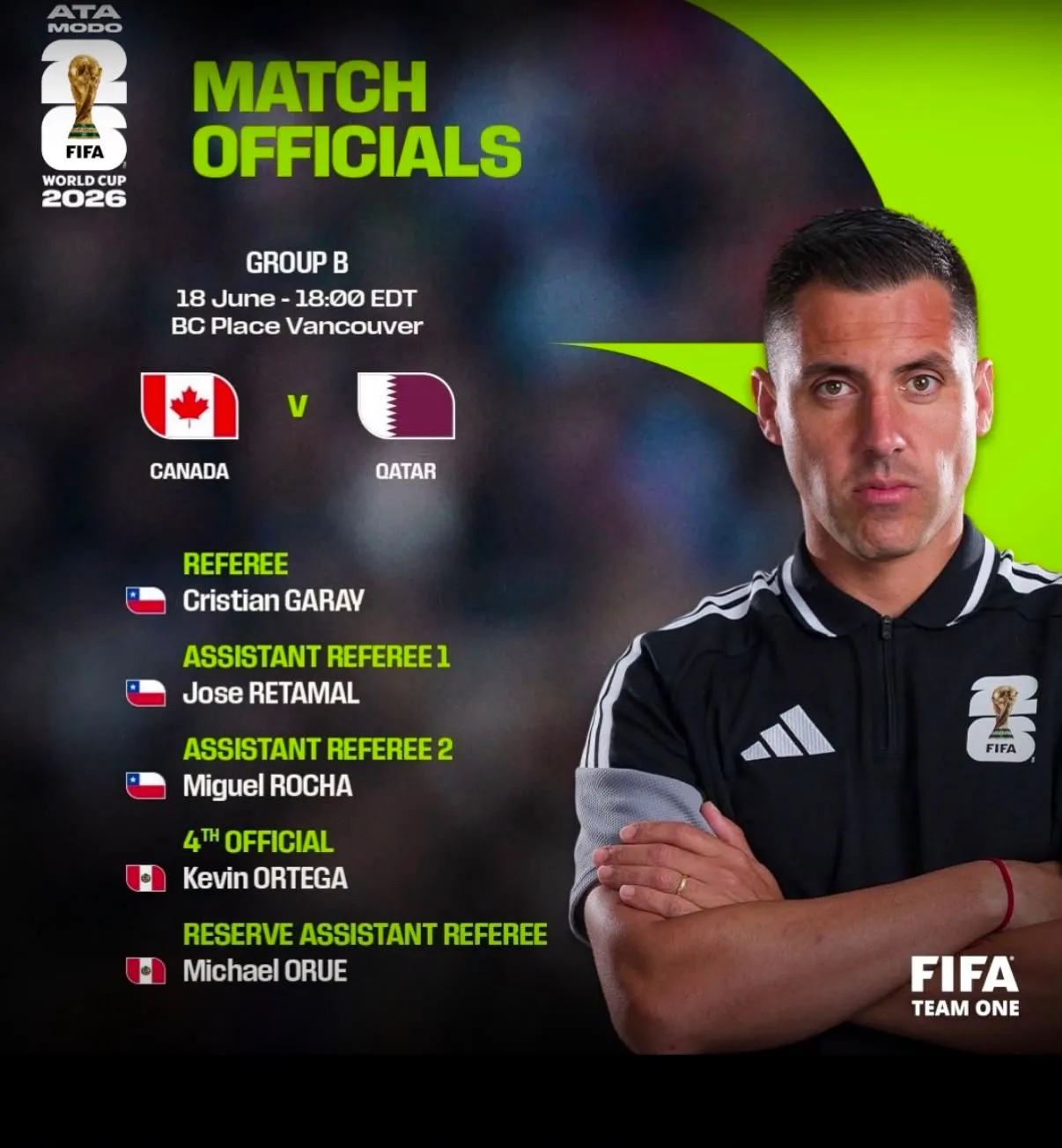 Los árbitros designados para el partido de Canadá vs. Qatar en el Mundial 2026.