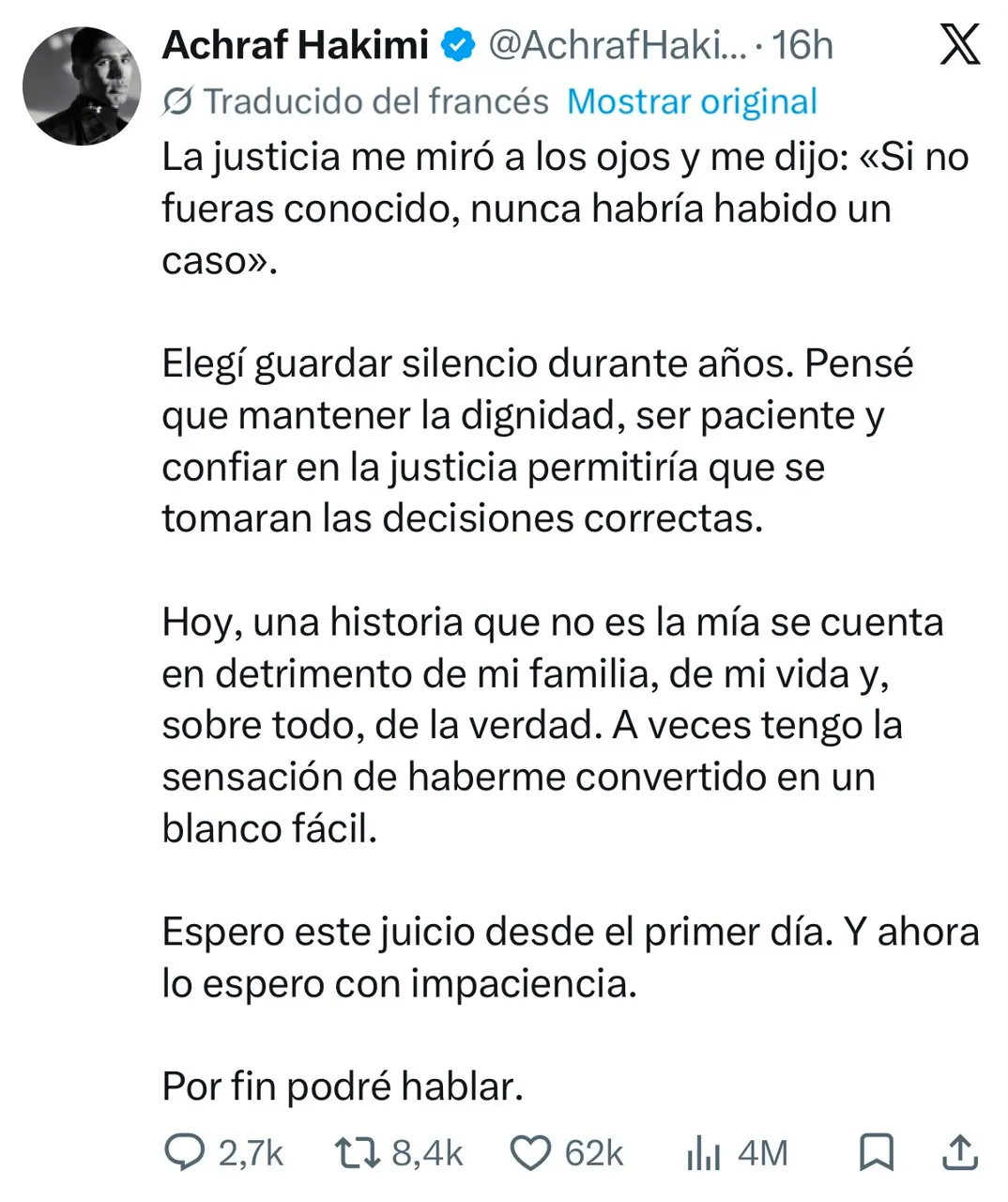 Captura de la publicación de Hakimi en X.