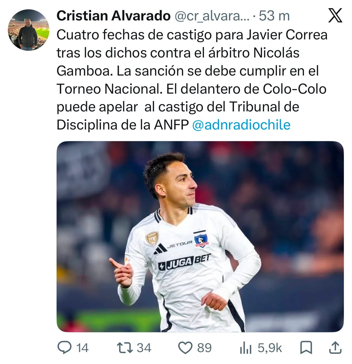 Captura de la publicación de Cristián Alvarado en X sobre el castigo a Javier Correa.