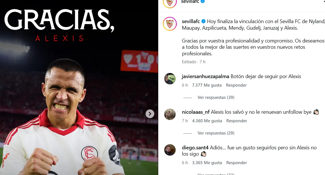 Hinchas chilenos llenan de críticas al Sevilla por despedir a Alexis Sánchez.