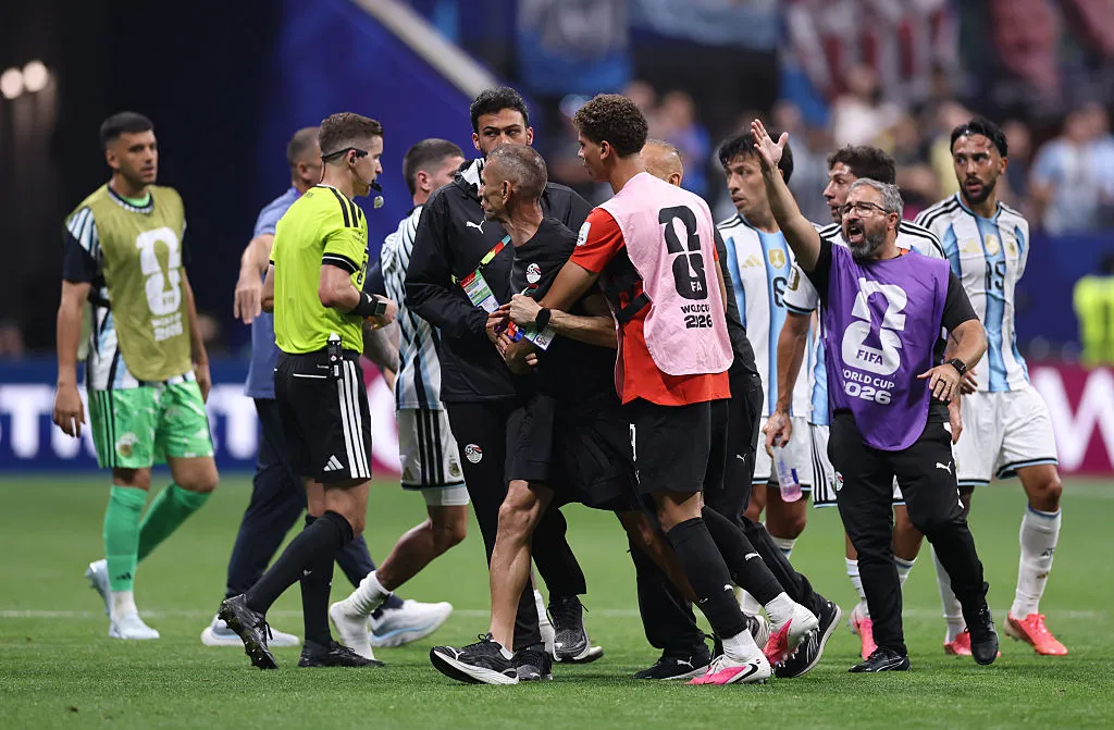 ATLANTA, GEORGIA – JULY 07: Team official Saafan Elsaghir of Egypt reacts after getting a red card during the FIFA World Cup 2026 Round of 16 match between Argentina and Egypt at Atlanta Stadium on July 07, 2026 in Atlanta, Georgia. (Photo by Buda Mendes/Getty Images)