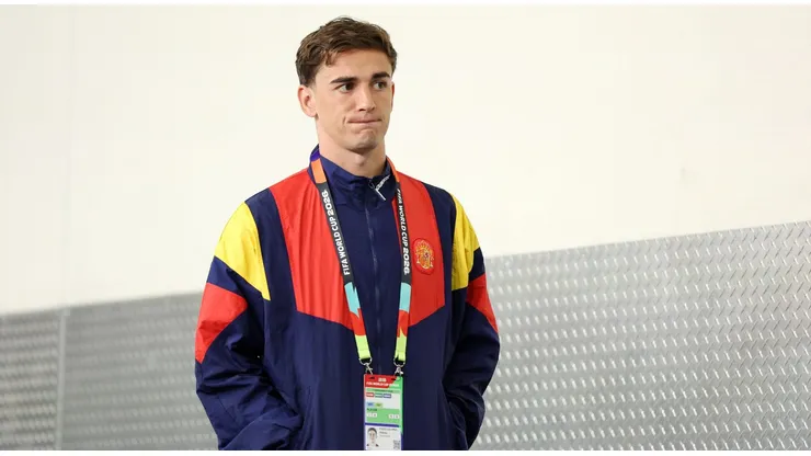 INGLEWOOD, CALIFORNIA - JULY 10: Gavi #9, Pedri #20 and Ferran Torres #7 of Spain look on after the FIFA World Cup 2026 Quarter Final match between Spain and Belgium at Los Angeles Stadium on July 10, 2026 in Inglewood, California. (Photo by David Ramos/Getty Images)