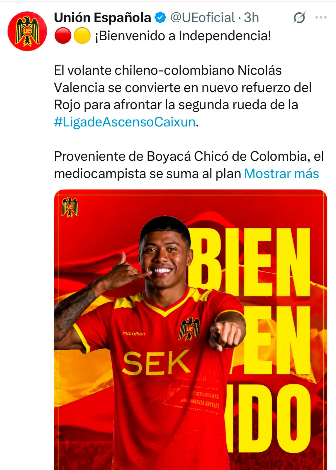 Captura de la publicación de Unión Española en X.