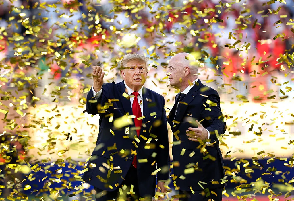 EAST RUTHERFORD, NEW JERSEY – JULY 19: U.S. President Donald Trump and FIFA President Gianni Infantino look on after presenting the FIFA World Cup Winner’s Trophy to Spain during the FIFA World Cup 2026 Final match between Spain and Argentina at New York New Jersey Stadium on July 19, 2026 in East Rutherford, New Jersey. (Photo by Carl Recine/Getty Images)