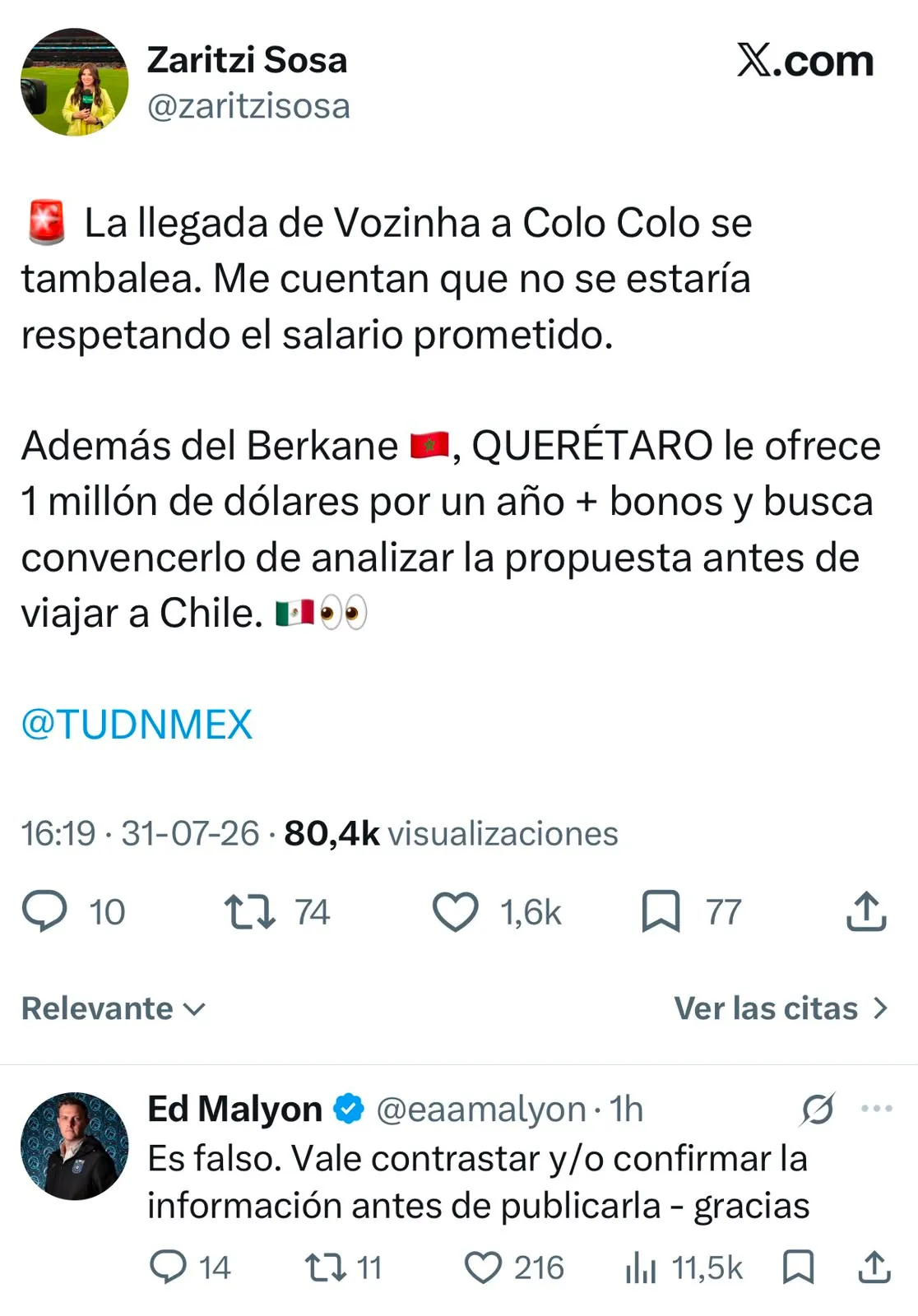 Captura de la publicación de Zaritzi Sosa y la respuesta de Ed Malyon en X.