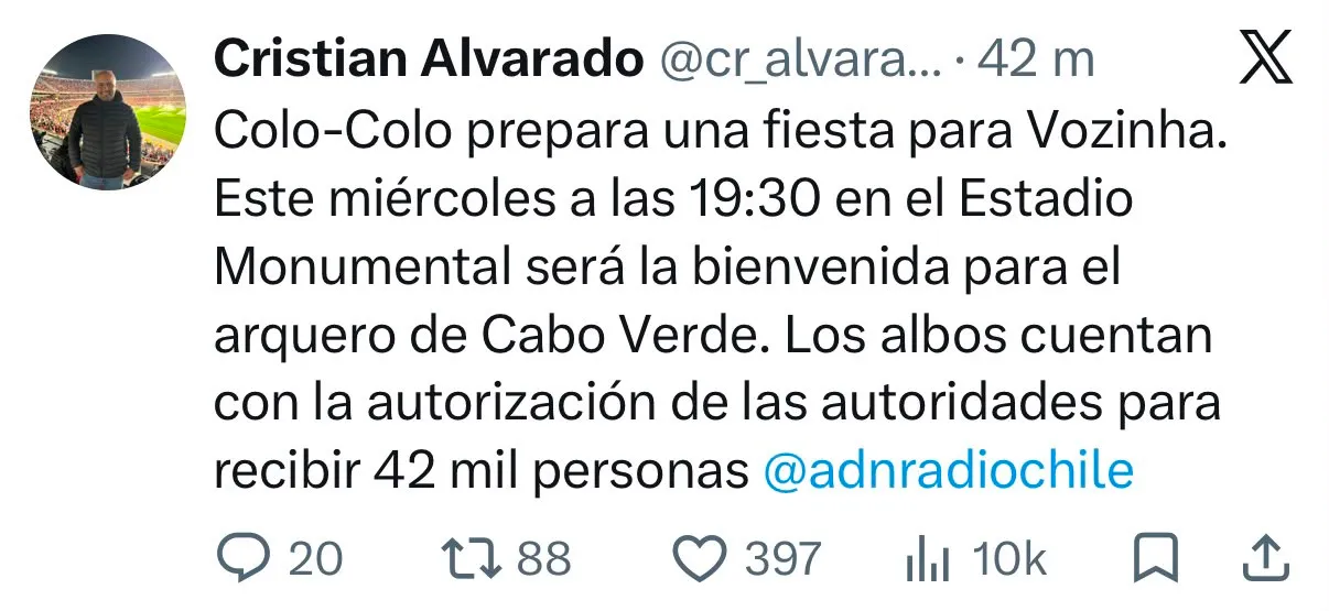 Captura de la publicación de Cristián Alvarado en X.