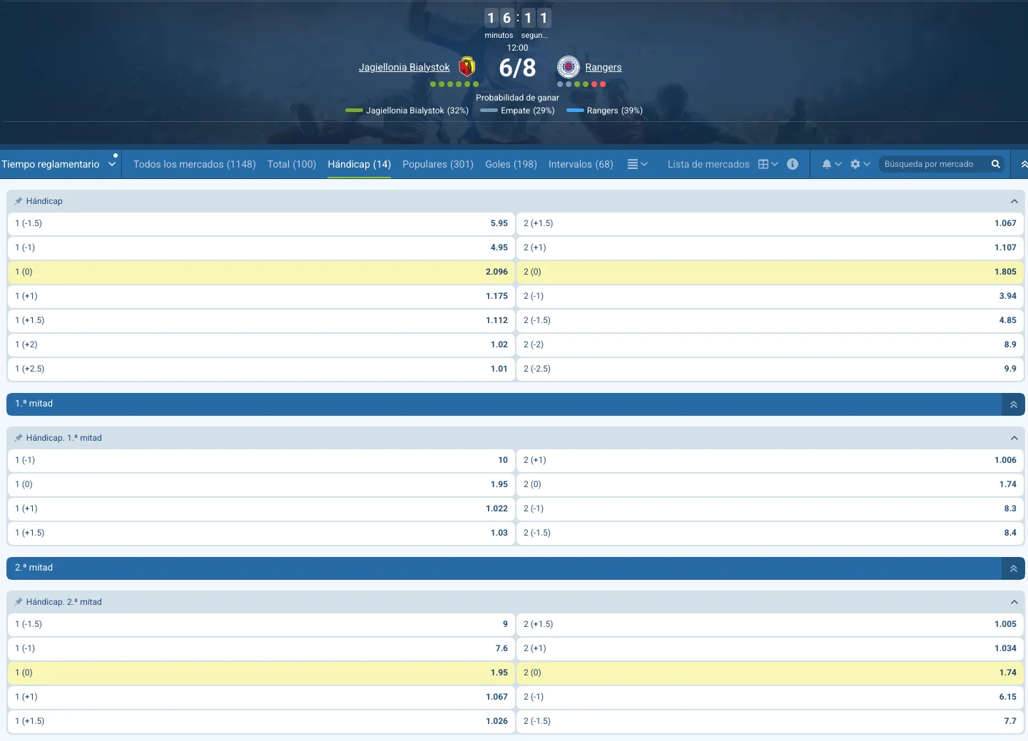Ejemplo de handicap en 1xbet entre Jagiellonia Bialystok y Rangers