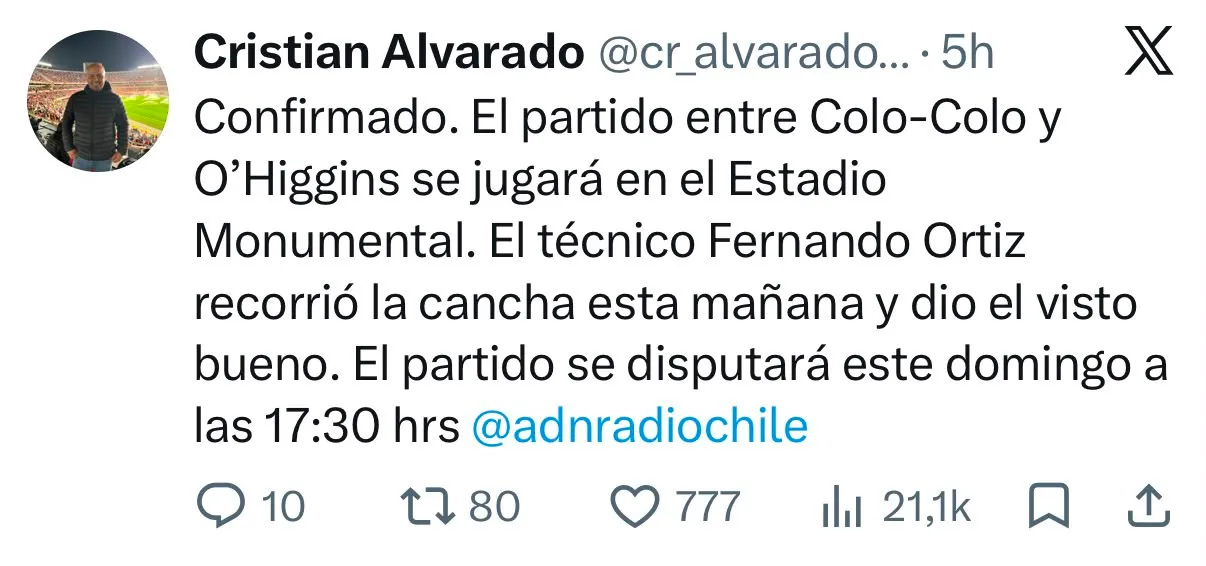 Captura de la publicación de Cristián Alvarado en X.