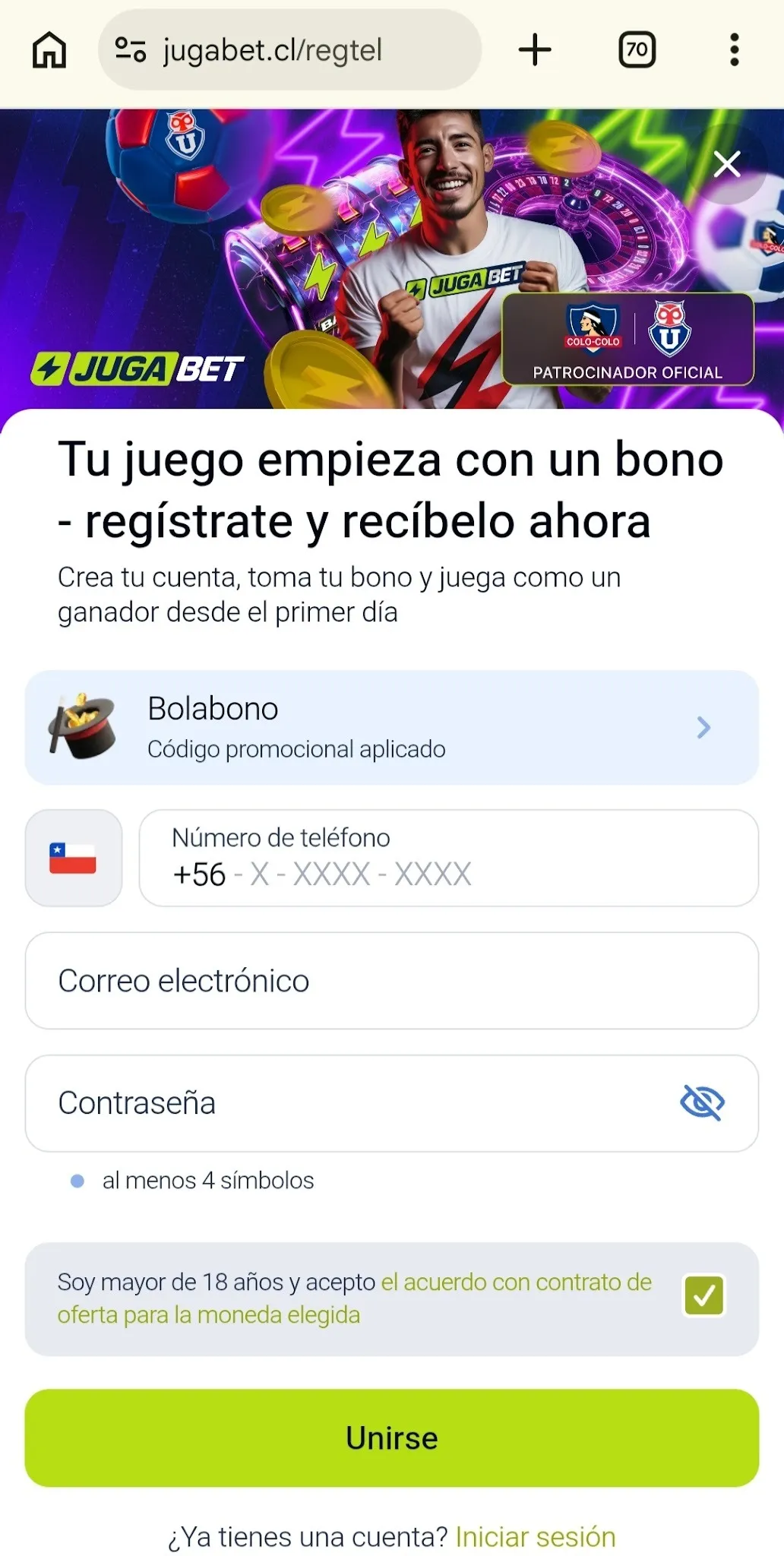 Formulario de registro de Jugabet Chile con el campo para el código promocional.