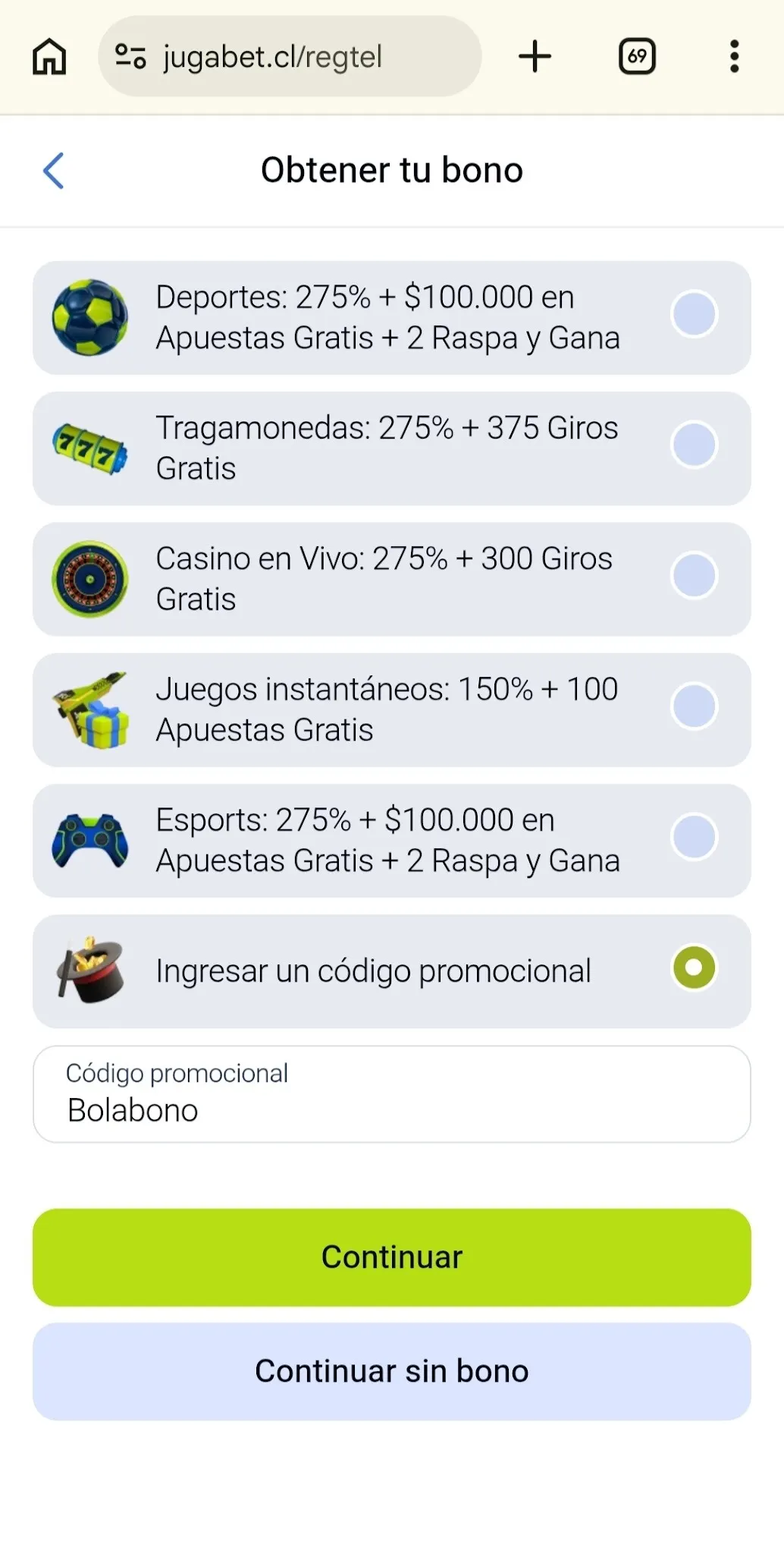 Selección del paquete de bienvenida durante el registro en Jugabet Chile.