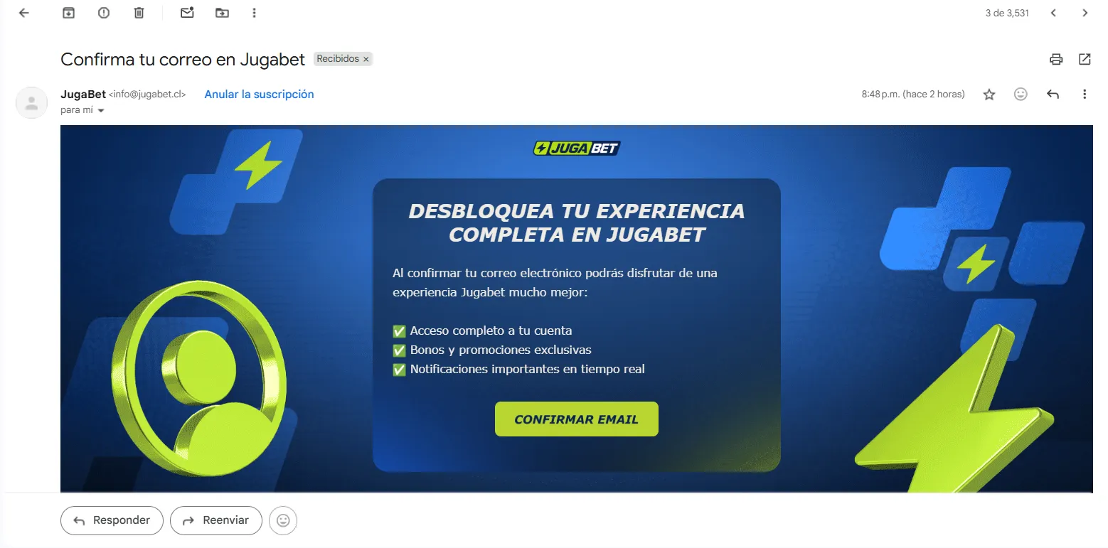 Proceso de verificación de correo electrónico con Jugabet