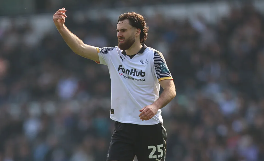 DERBY, ENGLAND – MARCH 21: Ben Brereton of Derby County gestures during the Sky Bet Championship match between Derby County and Birmingham City at Pride Park on March 21, 2026 in Derby, England. (Photo by Nathan Stirk/Getty Images)