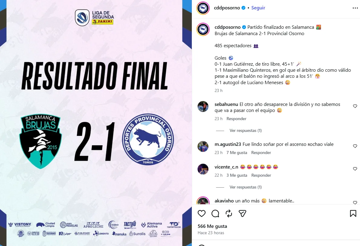 El enojo de Provincial Osorno en redes sociales (Instagram).