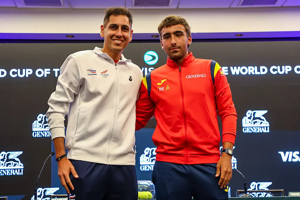 SANTIAGO, CHILE – SEPTEMBER 17: Alejandro Tabilo of Chile with Daniel Merida of Spain during the draw  of the 2026 Davis Cup Qualifier second round match between Chile and Spain at Parque Deportivo Estadio Nacional, Court Central Anita Lizana on September 17, 2026 in Santiago, Chile. (Photo by Marcelo Hernandez/Getty Images for World Tennis)