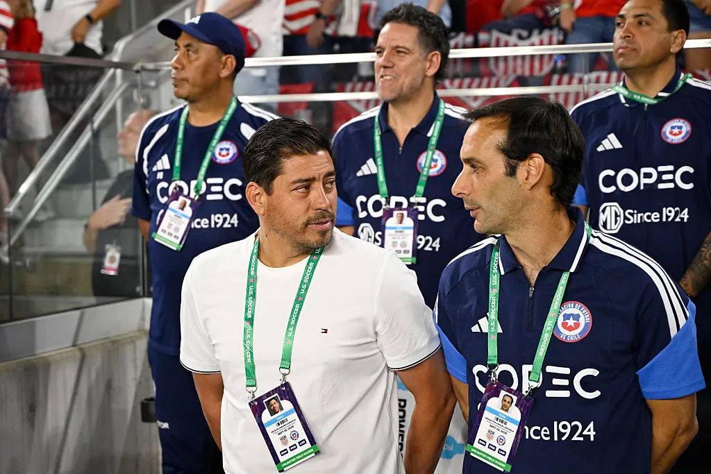 ST LOUIS, MISSOURI – SEPTEMBER 29: Nicolas Cordova, Head Coach of Chile, and Sebastián Miranda, assistant coach of Chile, line up prior to the international friendly match between United States and Chile  at Energizer Park on September 29, 2026 in St Louis, Missouri.  (Photo by Joe Puetz/Getty Images)