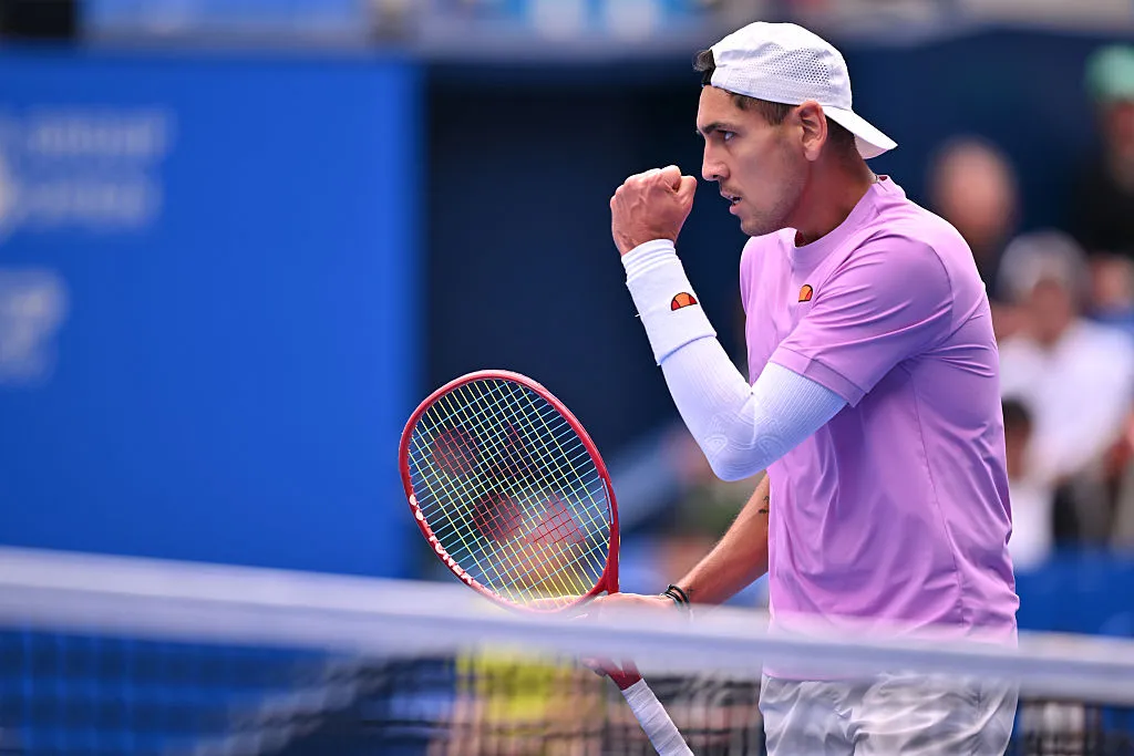 TOKYO, JAPAN – OCTOBER 03: Alejandro Tabilo Of Chile celebrates a point against Denis Shapovalov of Canada during their Men’s singles match on day four of Kinoshita Group Japan Open at Ariake Tennis Park on October 03, 2026 in Tokyo, Japan. (Photo by Kenta Harada/Getty Images)