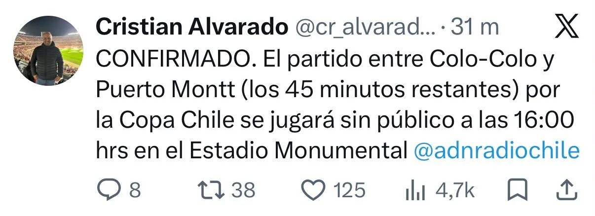 Captura de la publicación del periodista Cristián Alvarado en X.