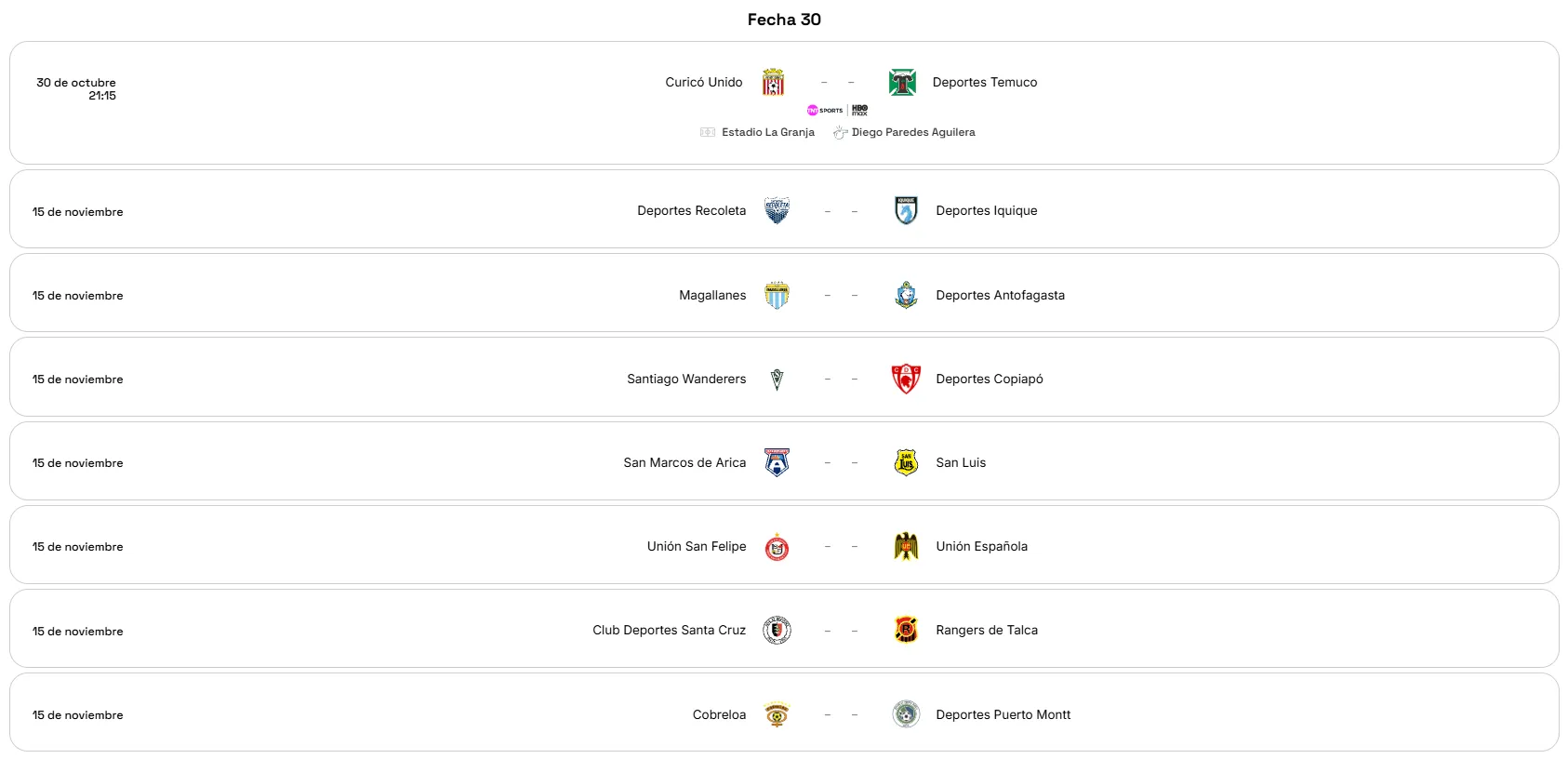 Programación fecha 30 de la Primera B. (Foto: Captura)