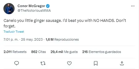 McGregor le respondió a Canelo. (Foto: TW/@TheNotoriousMMA