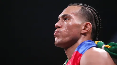 LAS VEGAS, NEVADA - MARCH 25: David Benavidez waits for the start of a WBC super middleweight fight against Caleb Plant at MGM Grand Garden Arena on March 25, 2023 in Las Vegas, Nevada. Benavidez retained his WBC interim super middleweight title by unanimous decision. (Photo by Steve Marcus/Getty Images)