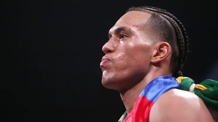 LAS VEGAS, NEVADA - MARCH 25: David Benavidez waits for the start of a WBC super middleweight fight against Caleb Plant at MGM Grand Garden Arena on March 25, 2023 in Las Vegas, Nevada. Benavidez retained his WBC interim super middleweight title by unanimous decision. (Photo by Steve Marcus/Getty Images)