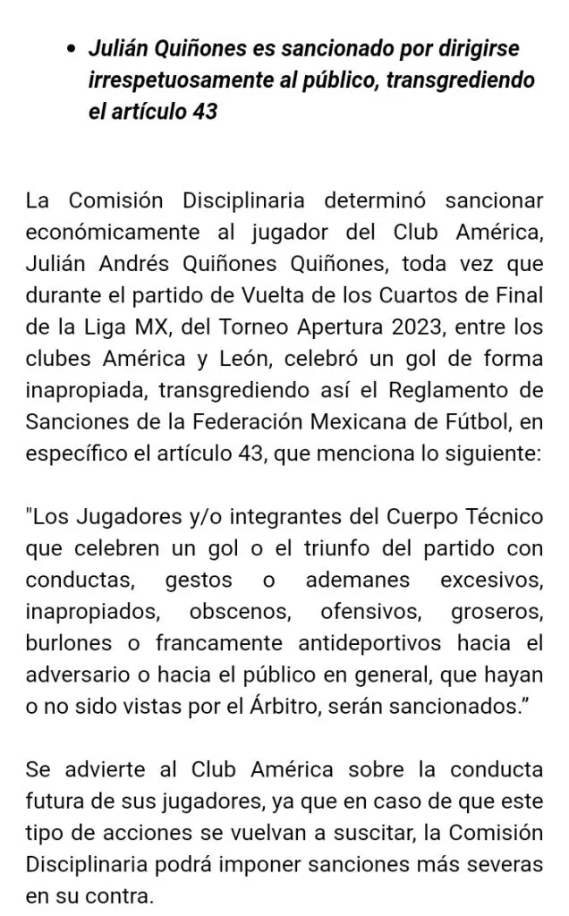 La resolución de la Comisión Disciplinaria en el caso Quiñones.