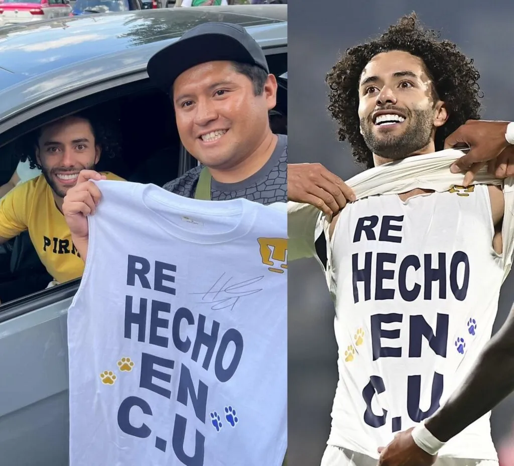 La foto del aficionado de Pumas con César Huerta y la playera [Imagen: Jalbe Rebel].