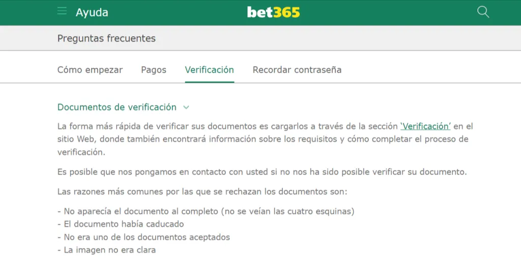 cómo verificar identidad en bet365