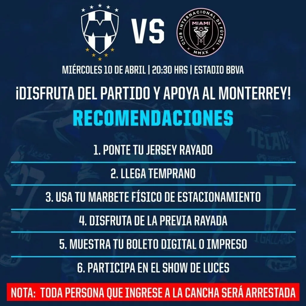 Las recomendaciones y medidas de Rayados para el partido (Captura)