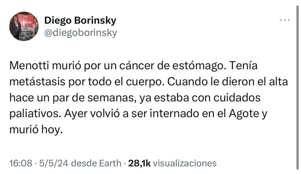 El periodista argentino Diego Borinsky explicó las causas de la muerte de Menotti. (Captura de X)
