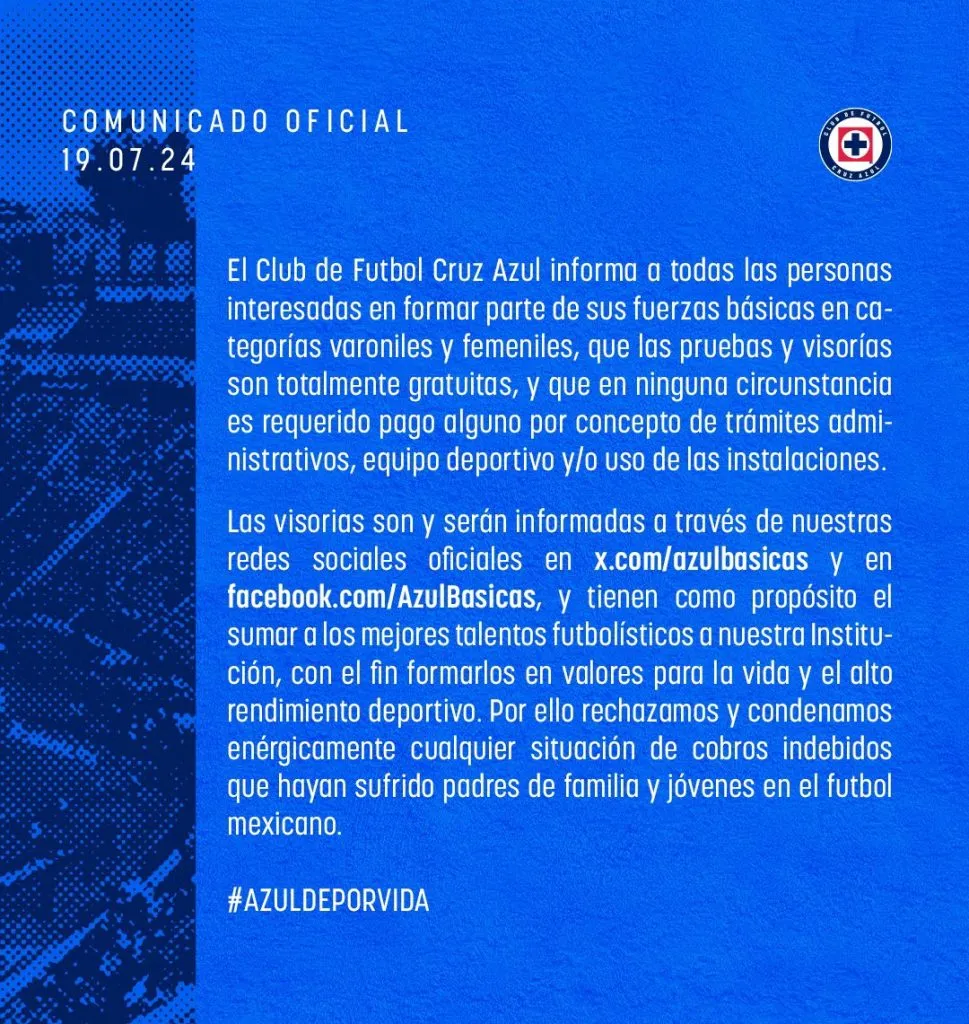 El comunicado de Cruz Azul en @AzulBasicas. [Foto Redes Sociales]