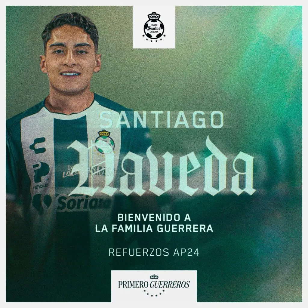 Santiago Naveda llegó a Santos Laguna en condición de cedido por un año. (Santos Laguna oficial)