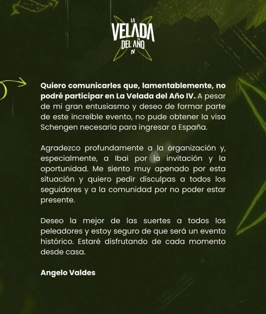 Will informó, a través de un comunicado, que no estará presente en La Velada del Año 4 por no haber obtenido la visa. (Twitter mrangelovaldes)