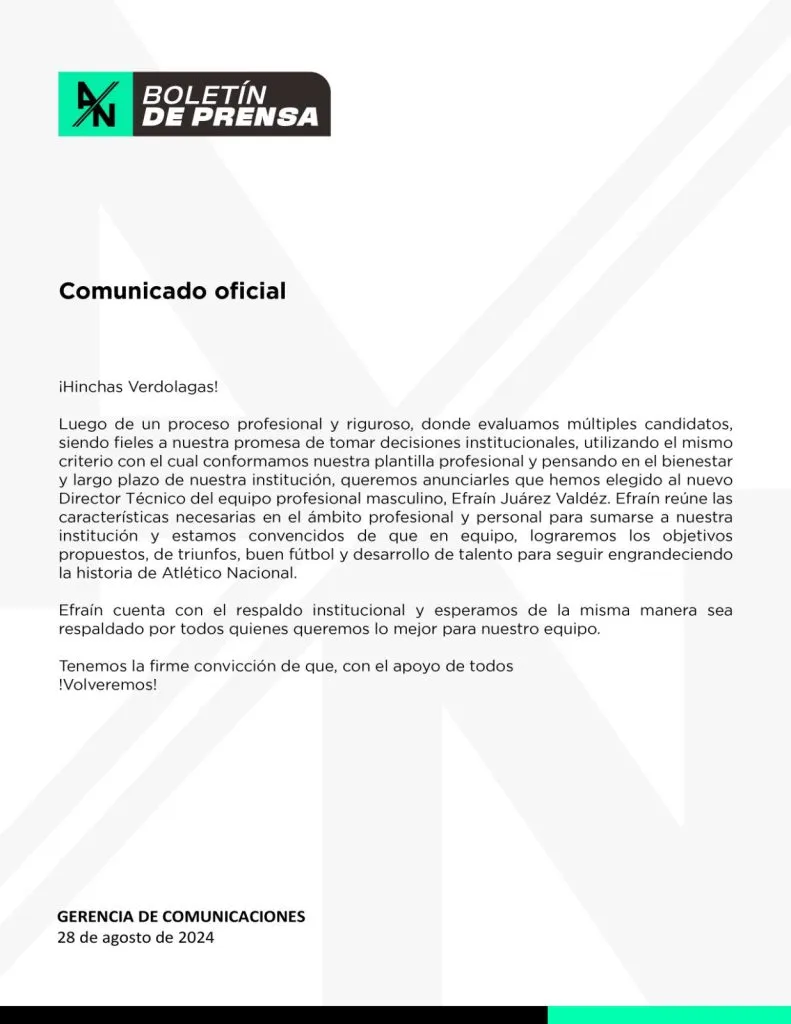 Así comunicó Atlético Nacional la llegada de Efraín Juárez. [Foto Redes Sociales]