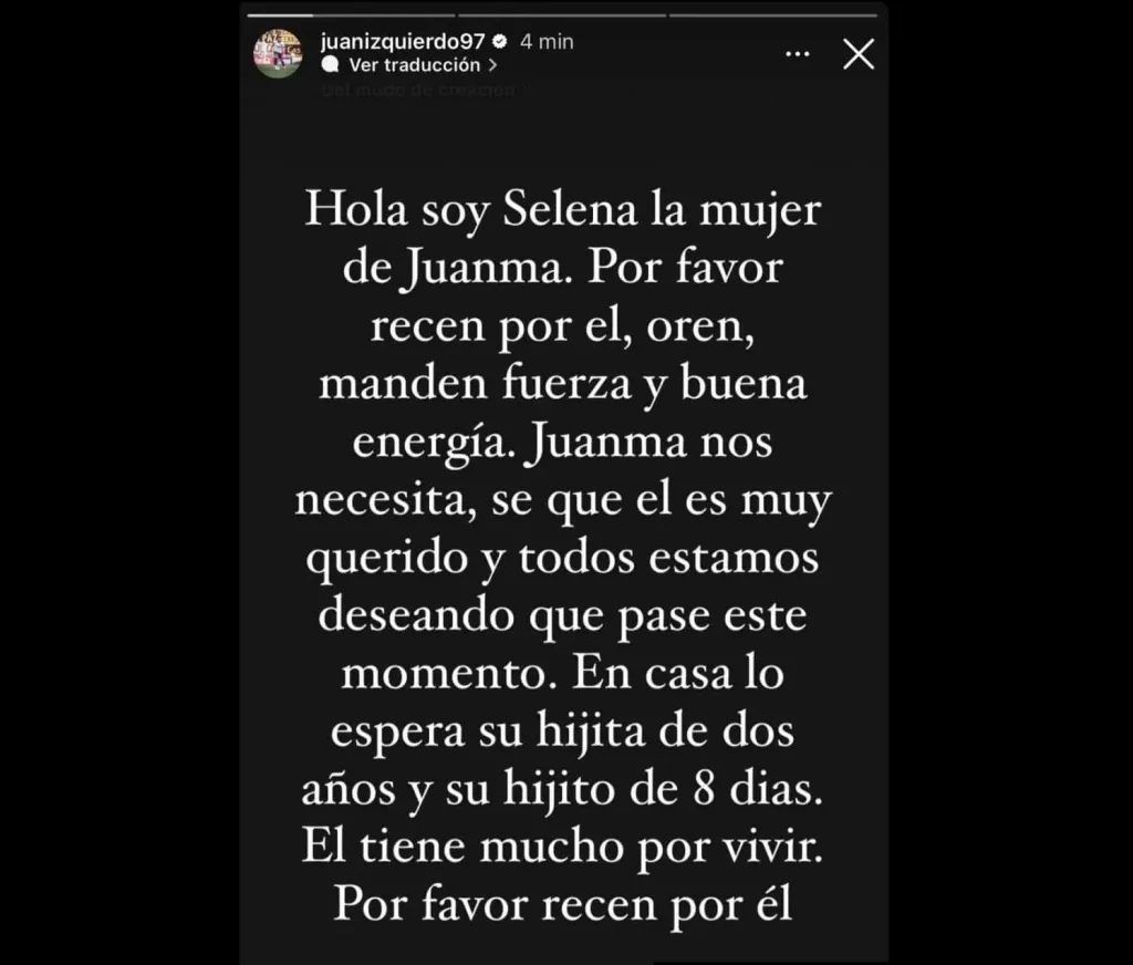 El mensaje de la pareja de Juan Izquierdo en Instagram. [Foto Redes Sociales]