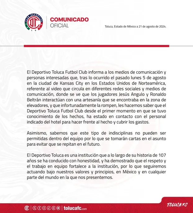 Toluca lanzó un comunicado a través de sus redes sociales. [Foto Redes Sociales]