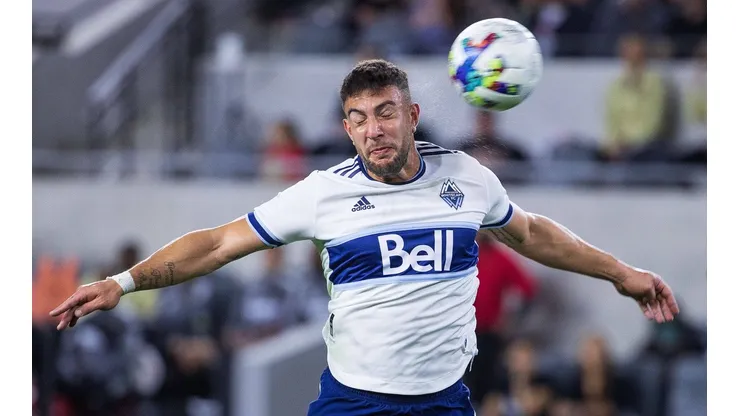 March 20, 2022, Los Angeles, California, USA: Lucas Cavallini 9 of the Vancouver Whitecaps heads the ball into the goal