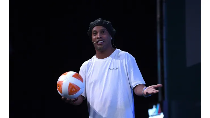 LISBON , PORTUGAL - 5 November 2019; Ronaldinho, Ambassador, Teqball, on SportsTrade during the opening day of Web Summit 2019 at the Altice Arena in Lisbon, Portugal. (Photo By Harry Murphy/Sportsfile for Web Summit via Getty Images)-Not Released (NR)