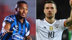 Antonio Valencia intenta seducir a Podolski para Gallos. (Getty Images)