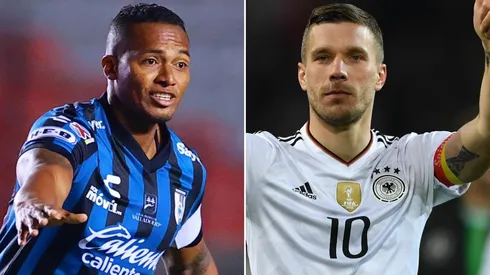 Antonio Valencia intenta seducir a Podolski para Gallos. (Getty Images)