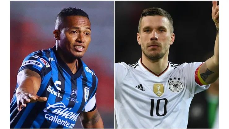 Antonio Valencia intenta seducir a Podolski para Gallos. (Getty Images)