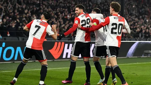 ROTTERDAM – (lr) Santiago Gimenez of Feyenoord, Alireza Jahanbaksh of Feyenoord, Orkun Kokcu of Feyenoord, Mats Wieffer