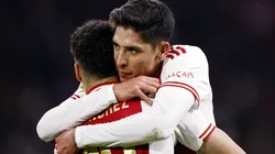 AMSTERDAM - (lr) Jorge Sanchez of Ajax, Edson Alvarez or Ajax celebrate the 1-0 during the Dutch Eredivisie match betwee