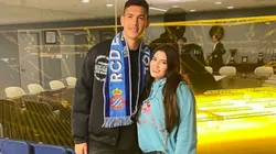 César Montes con su esposa Fernanda Márquez en la sede del Espanyol.