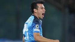 NAPLES, ITALY - OCTOBER 12: Hirving Lozano of SSC Napoli celebrates during the Champions League match between SSC Napoli